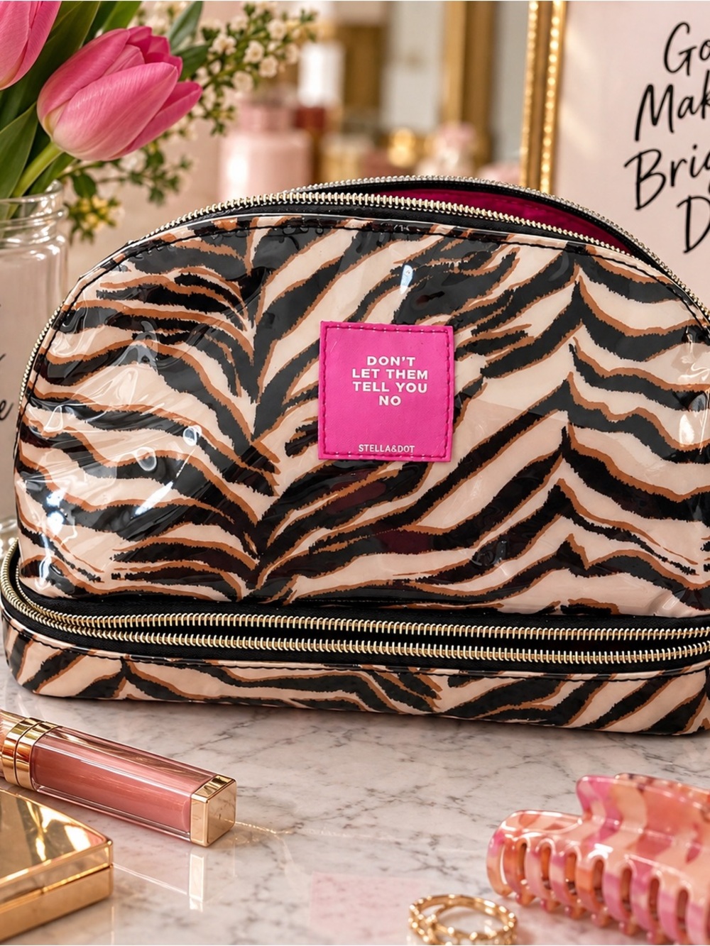 Stella & Dot Crush It Beauty Bag Tiger Stripe Travel Makeup Cosmetic Pouch Case
